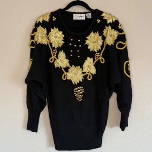 Vintage 80s Embellished Floral Knit Sweater Novelty‎ NYE Dopamine Maximalist
